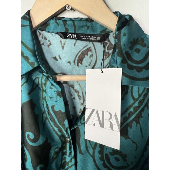 Zara Blue Green Silky Paisley Long Sleeve Oversized Maxi Dress Small NWT - Picture 3 of 4